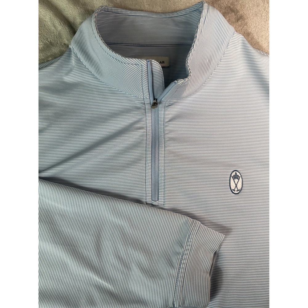 Peter Millar Light Blue and White Striped Zip-Up Sweater
